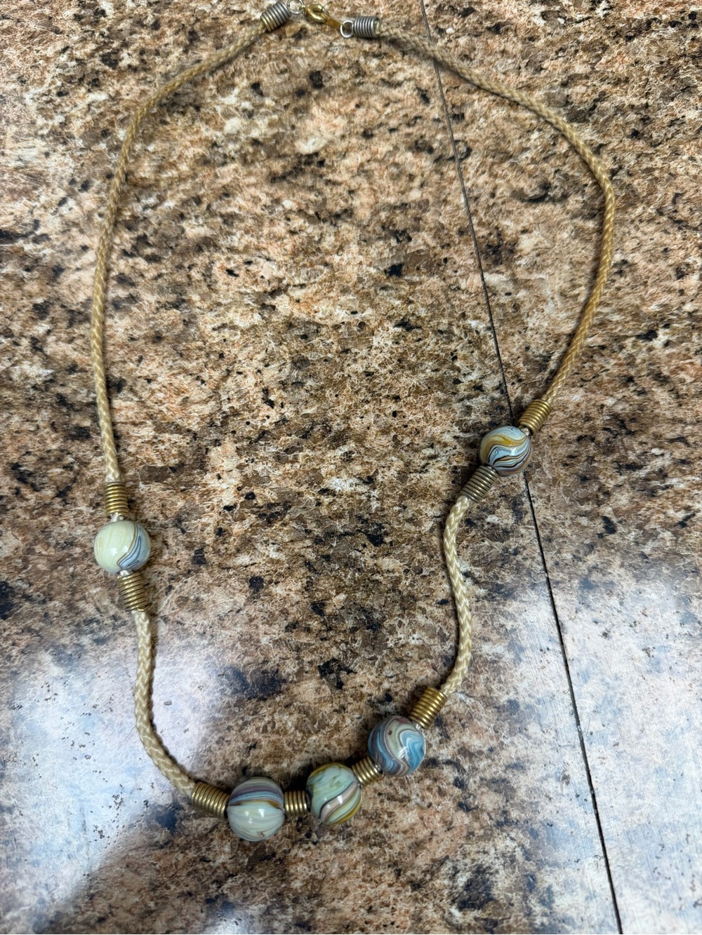 Vintage Taiwan Marbled Art Glass Bead Necklace Braided Cord Boho 26”
